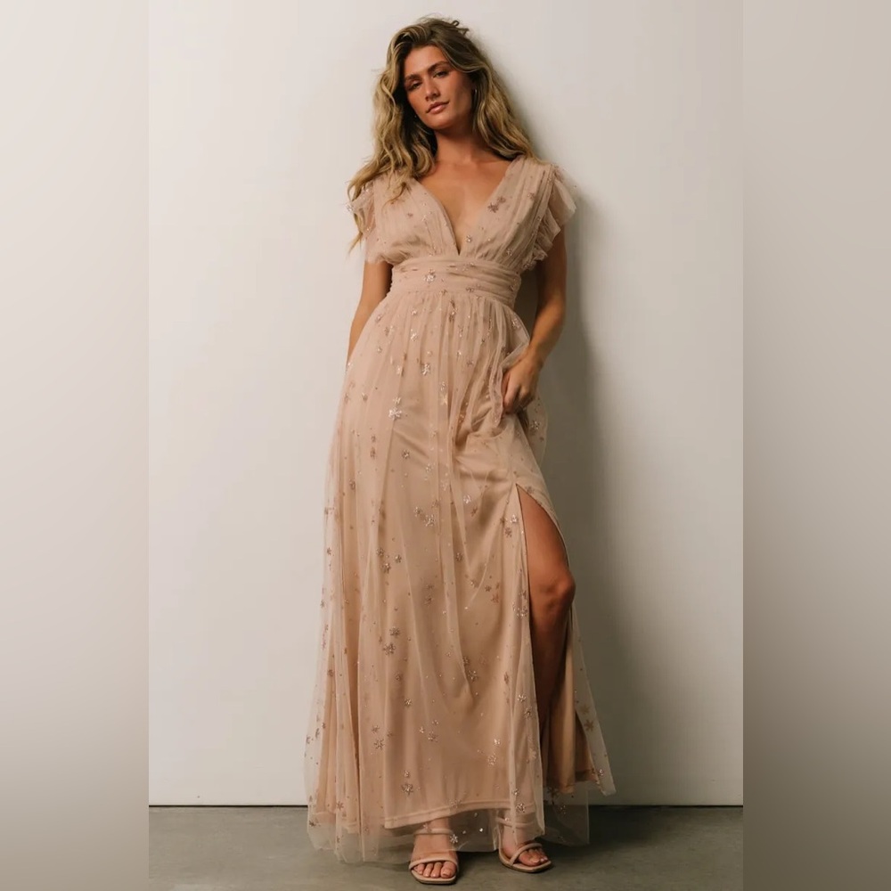 Altar'd State Nude Blush Embellished Tulle Maxi Dress
